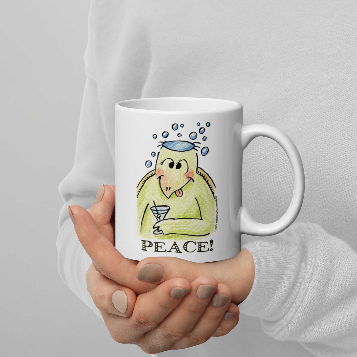 かわいいな NYのカッパ "PEACE!" NYの河童 かっぱ コーヒー マグカップ NY Kappa Peace Coffee Mug Cup Handle Right 2