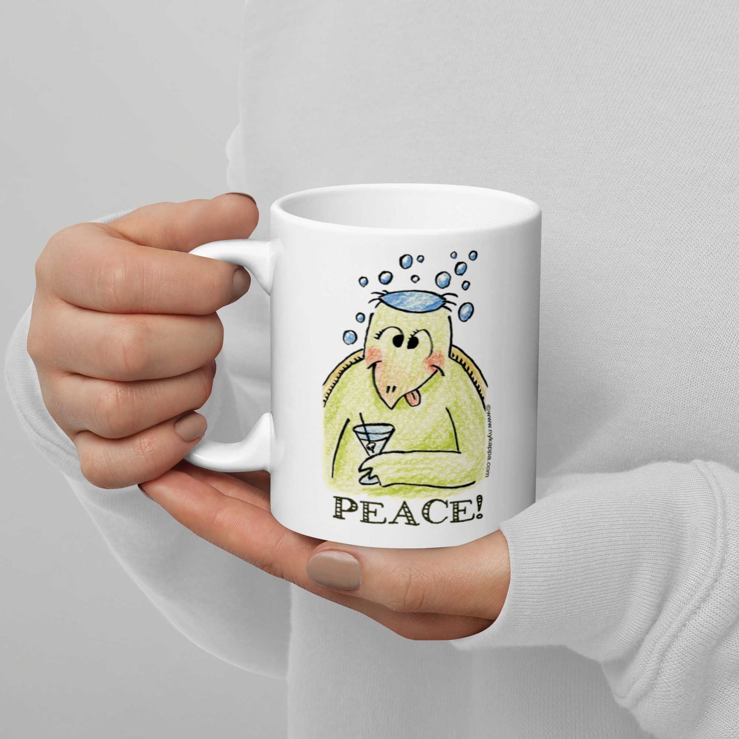 かわいいな NYのカッパ "PEACE!" NYの河童 かっぱ コーヒー マグカップ NY Kappa Peace Coffee Mug Cup Handle Left 2