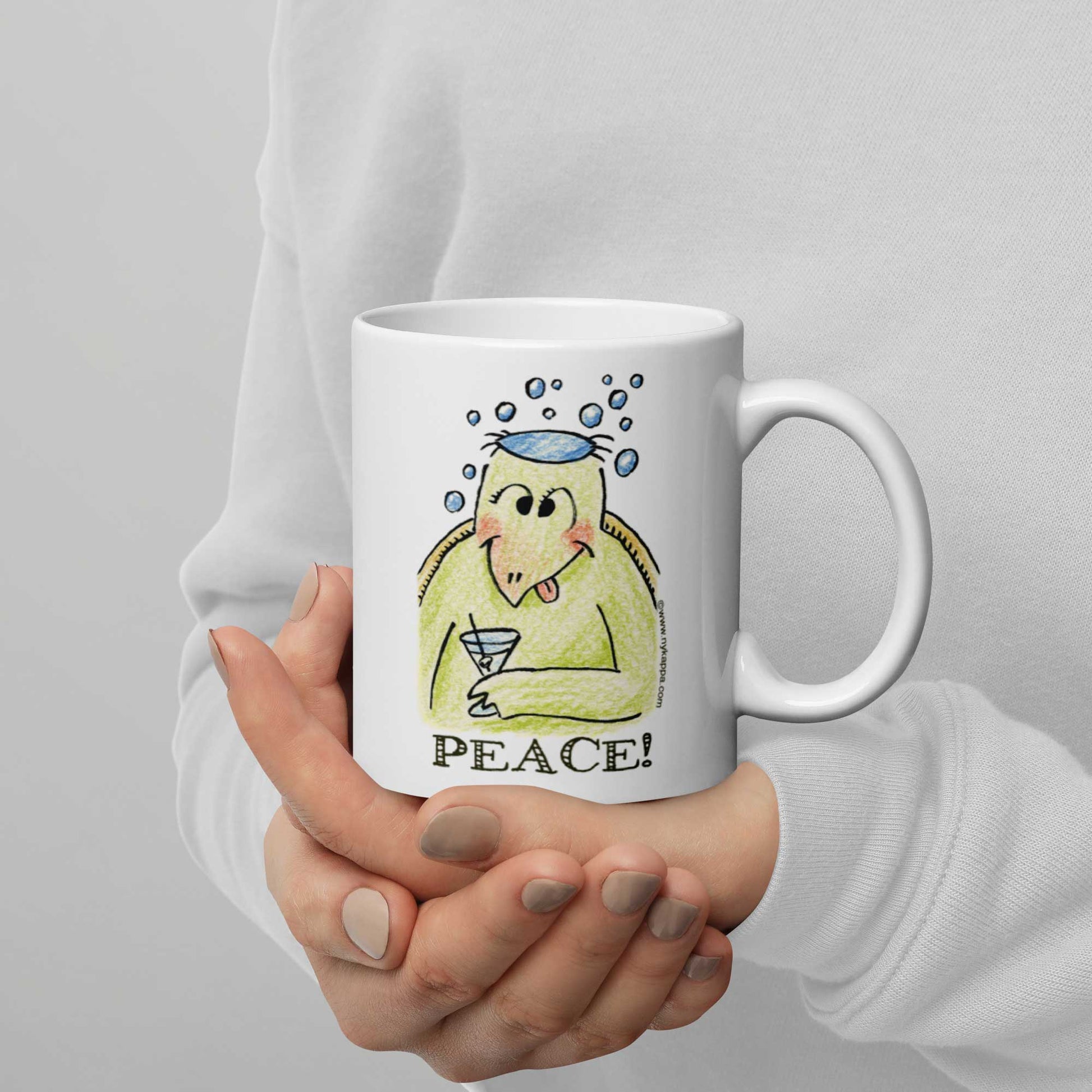 かわいいな NYのカッパ "PEACE!" NYの河童 かっぱ コーヒー マグカップ NY Kappa Peace Coffee Mug Cup Handle Right 2